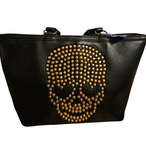 Betsey Johnson Large Black Tote Purse with Thick Stud Skull